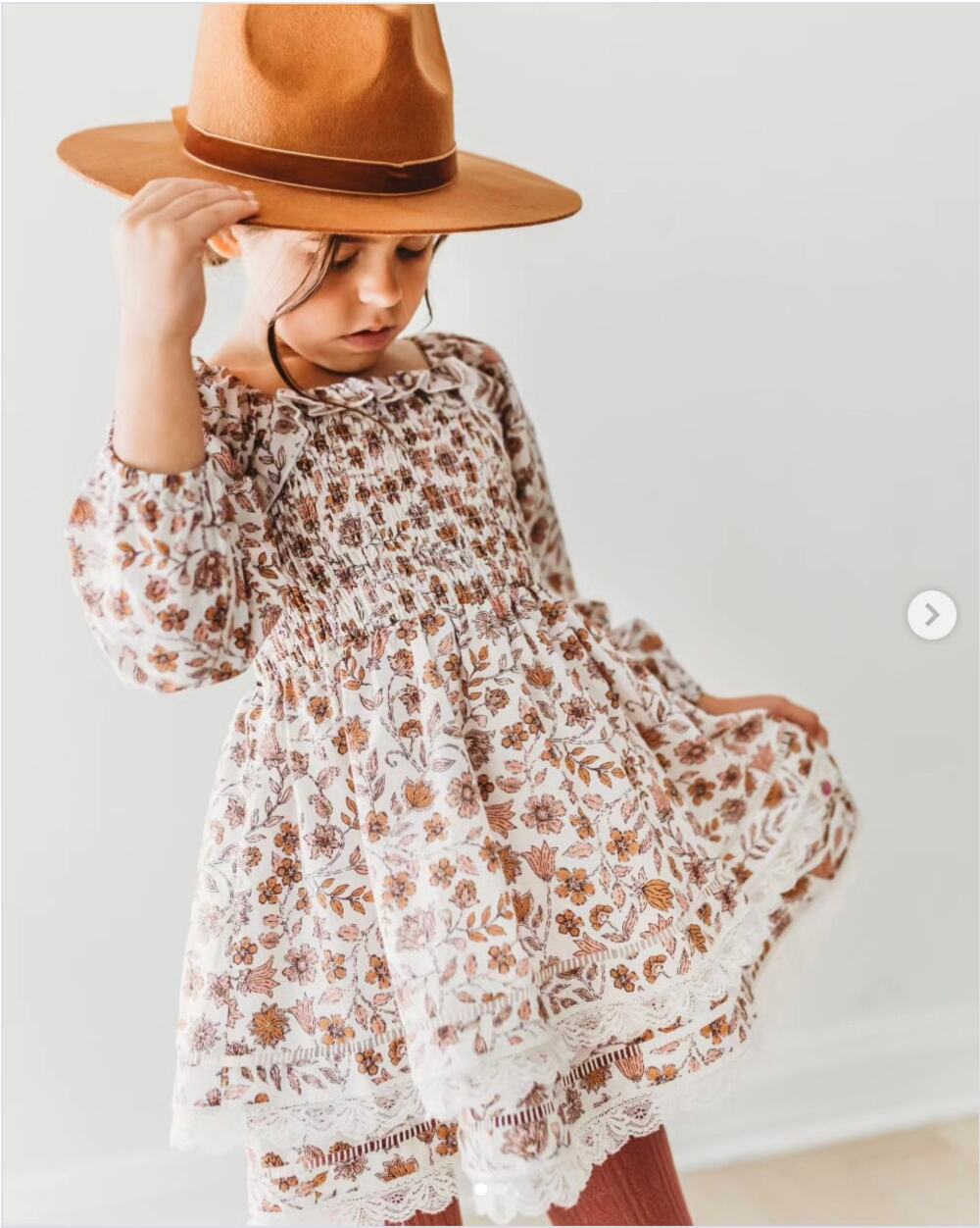 Cheeky Plum Floral Lace Trim Tiered Boho Long Sleeve Dress Cream Brown Girls 3T